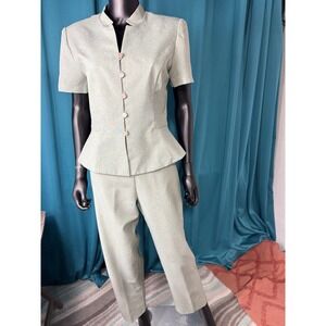 Perceptions Sage Green Peplum Pant Suit Set Short Sleeve Blazer Trousers Size 10